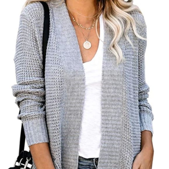 Sweaters - Loose Open Front Long Sleeve Gray Cardigan